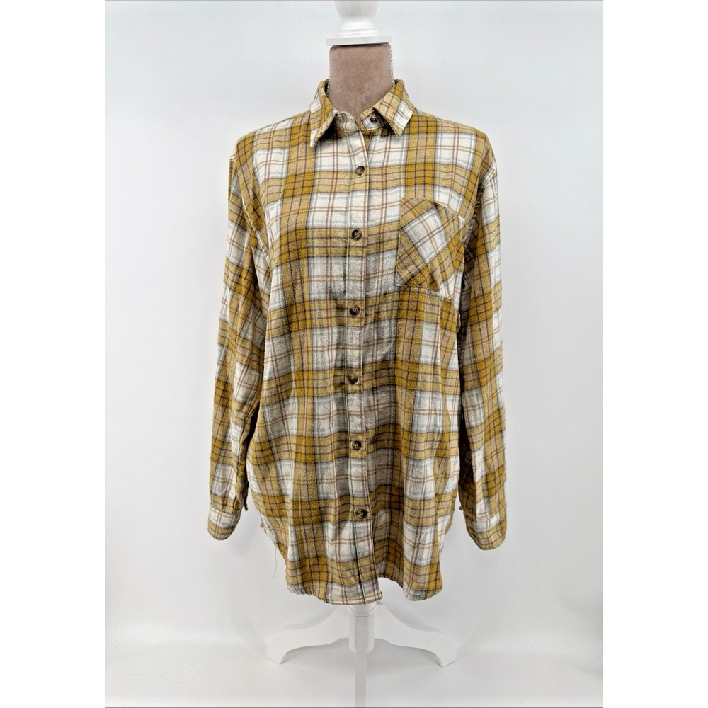 La Miel Women's Medium Button Up Long Sleeve Shirt Yellow Plaid Fall Autumn